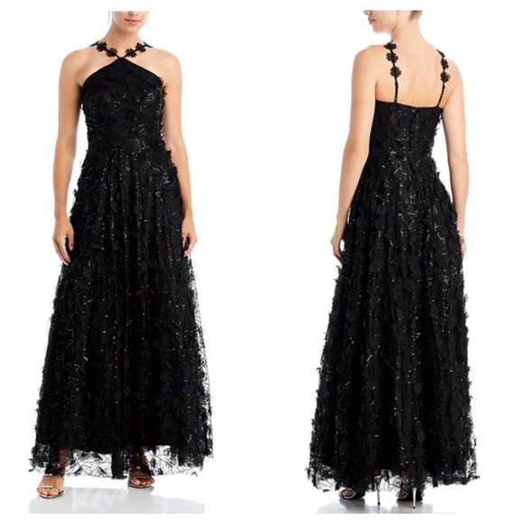 Eliza J Women's Size 4 3D Floral Sequined Mesh Halter Black Tie Evening Gown - Picture 1 of 10